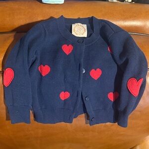 TBBC Navy Blue Kids Cardigan with Red Heart Accents and elbow patches